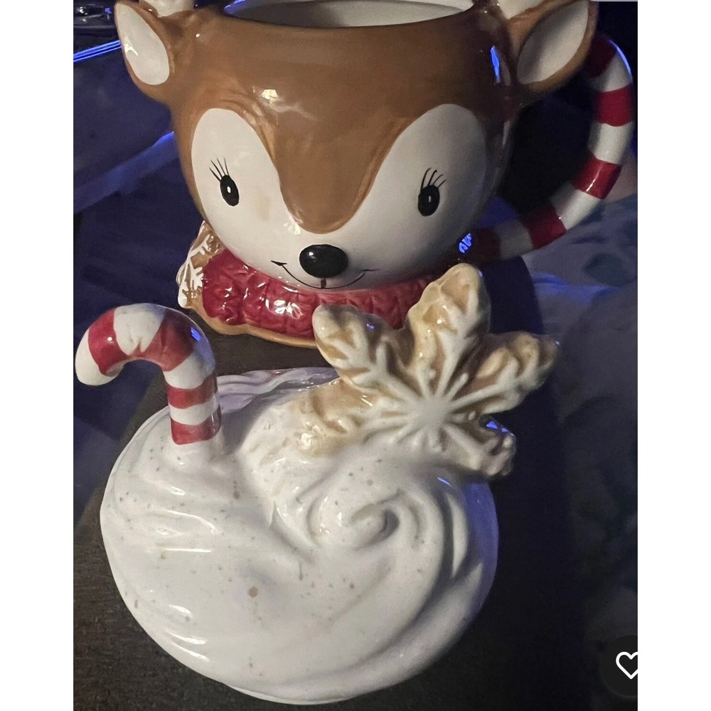 Holiday Reindeer Ceramic Mug with Whipped Cream Lid Candy Cane Handle Christmas - Picture 7 of 11